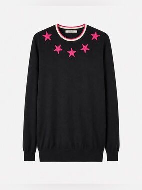 Givenchy Paris Black Knit Sweater Pink Star Embroidery Crewneck Sweater  XL